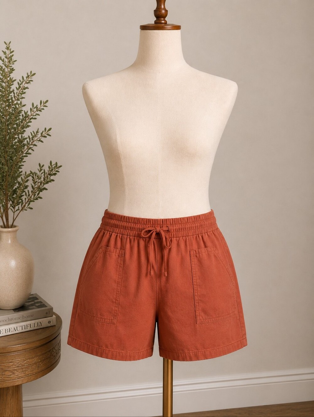 Rust Terracotta Cotton Linen Blend Shorts 2XL Drawstring Pockets